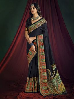 MEENA BAZAAR - Women Blue Art Silk Paisley Printed Saree Without Blouse