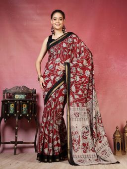MEENA BAZAAR - Women Maroon Art Silk Floral Printed Saree Without Blouse