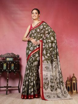 MEENA BAZAAR - Women Green Art Silk Floral Printed Saree Without Blouse