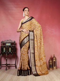 MEENA BAZAAR - Women Beige Art Silk Floral Printed Saree Without Blouse