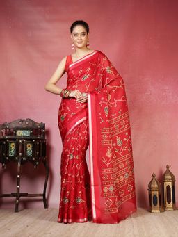 MEENA BAZAAR - Women Red Art Silk Floral Printed Saree Without Blouse
