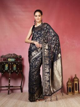 MEENA BAZAAR - Women Black Crepe Woven Saree Without Blouse