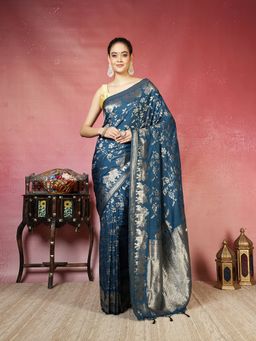 MEENA BAZAAR - Women Blue Crepe Woven Saree Without Blouse
