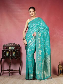 MEENA BAZAAR - Women Green Crepe Woven Saree Without Blouse