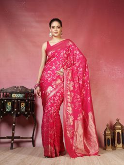 MEENA BAZAAR - Women Pink Crepe Woven Saree Without Blouse