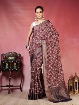 MEENA BAZAAR - Women Wine Art Silk Zari Woven Saree Without Blouse