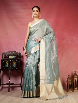 MEENA BAZAAR - Women Blue Cotton Woven Saree Without Blouse