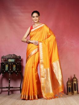 MEENA BAZAAR - Women Mustard Cotton Woven Saree Without Blouse