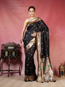 MEENA BAZAAR - Women Black Art Silk Woven Saree Without Blouse