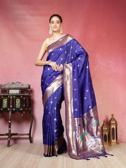 MEENA BAZAAR - Women Blue Art Silk Woven Saree Without Blouse