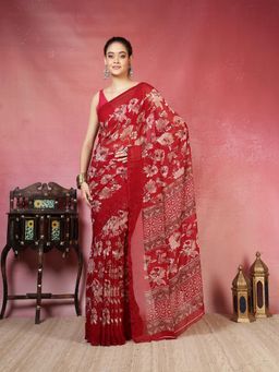 MEENA BAZAAR - Women Maroon Georgette Floral Printed Saree Without Blouse