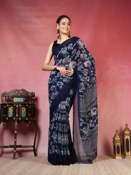 MEENA BAZAAR - Women Blue Georgette Floral Printed Saree Without Blouse