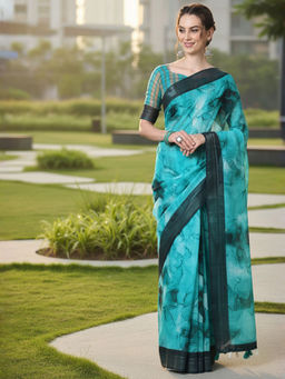 Akhilam - Women Linen Blend Light Blue Printed Designer Saree with Unstitched Blouse
