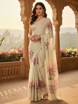 Akhilam - Women Georgette Beige Printed Designer Saree with Unstitched Blouse