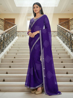 Akhilam - Women Georgette Lavender Embroidered Designer Saree with Unstitched Blouse