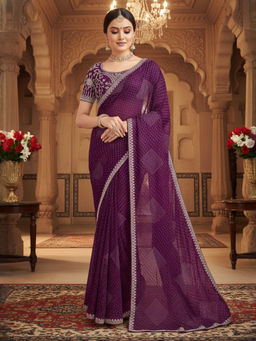 Akhilam - Women Georgette Purple Embroidered Designer Saree with Unstitched Blouse