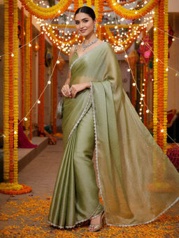 Akhilam - Women Organza Olive Embellished Designer Saree with Unstitched Blouse