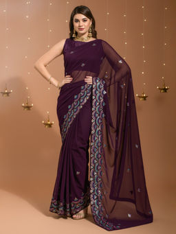 Akhilam - Women Georgette Purple Embellished Designer Saree with Unstitched Blouse