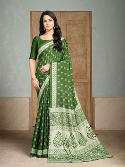 Garden VARELI - Green Block Print Crepe Saree With Unstitched Blouse