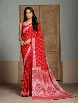 Garden VARELI - Red Block Print Crepe Saree With Unstitched Blouse