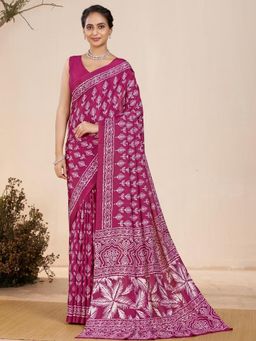 Garden VARELI - Magenta Block Print Crepe Saree With Unstitched Blouse