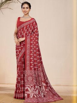 Garden VARELI - Red Indian Printed Crepe Saree Without Blouse