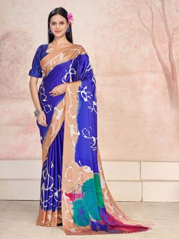 Garden VARELI - Blue Abstract Printed Crepe Satin Saree Without Blouse