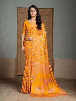 Garden VARELI - Orange Floral Printed Crepe Saree With Unstitched Blouse