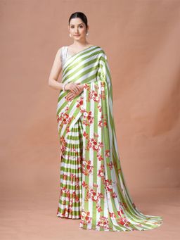 Garden VARELI - Green Stripes Printed Satin Crepe Saree Without Blouse