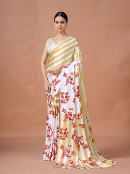 Garden VARELI - Yellow Floral Printed Satin Crepe Saree With Unstitched Blouse
