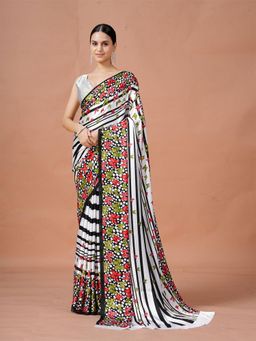 Garden VARELI - Black Floral Printed Crepe Saree With Unstitched Blouse