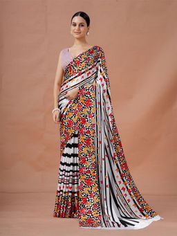 Garden VARELI - Black Floral Printed Crepe Saree With Unstitched Blouse