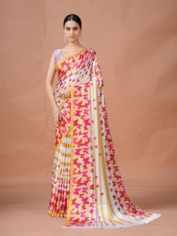 Garden VARELI - Orange Floral Printed Crepe Saree Without Blouse