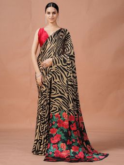 Garden VARELI - Brown Floral Printed Crepe Saree Without Blouse