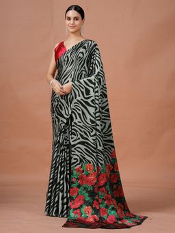 Garden VARELI - Grey Floral Printed Crepe Saree Without Blouse