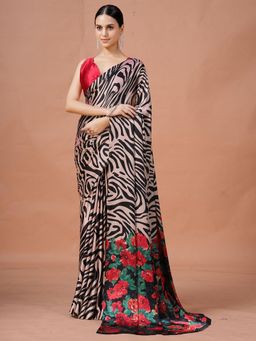 Garden VARELI - Peach Floral Printed Crepe Saree Without Blouse