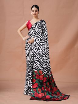 Garden VARELI - White Zebra Printed Crepe Saree Without Blouse