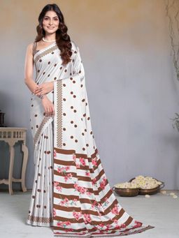 Garden VARELI - Brown Floral Printed Crepe Satin Saree With Unstitched Blouse