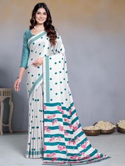 Garden VARELI - Teal Floral Printed Crepe Satin Saree Without Blouse