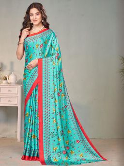 Garden VARELI - Blue Floral Printed Crepe Satin Saree Without Blouse
