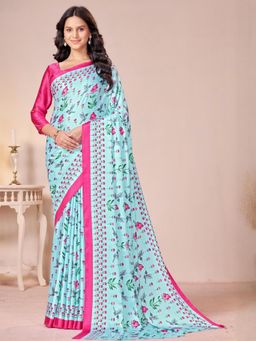 Garden VARELI - Turquoise Solid Crepe Satin Saree Without Blouse