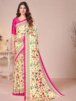 Garden VARELI - Yellow Floral Printed Crepe Satin Saree With Unstitched Blouse