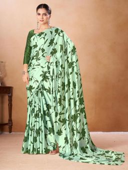 Garden VARELI - Green Floral Printed Crepe Saree Without Blouse