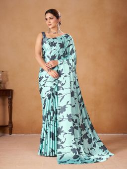 Garden VARELI - Turquoise Floral Printed Crepe Saree Without Blouse