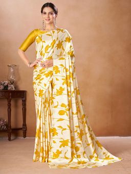 Garden VARELI - Yellow Floral Printed Crepe Saree Without Blouse