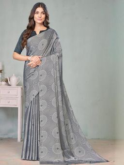 Garden VARELI - Grey Geometric Printed Crepe Satin Saree With Unstitched Blouse
