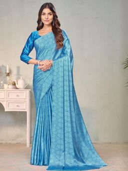 Garden VARELI - Blue Geometric Printed Crepe Satin Saree Without Blouse