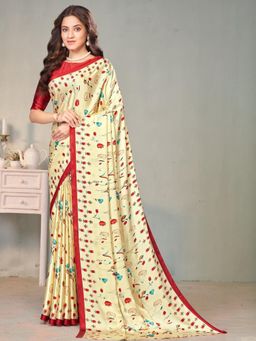 Garden VARELI - Yellow Floral Printed Crepe Satin Saree Without Blouse