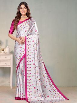 Garden VARELI - Grey Floral Printed Crepe Satin Saree Without Blouse