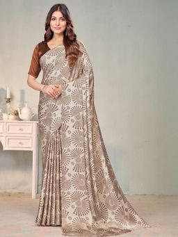 Garden VARELI - Brown Geometric Printed Crepe Satin Saree Without Blouse